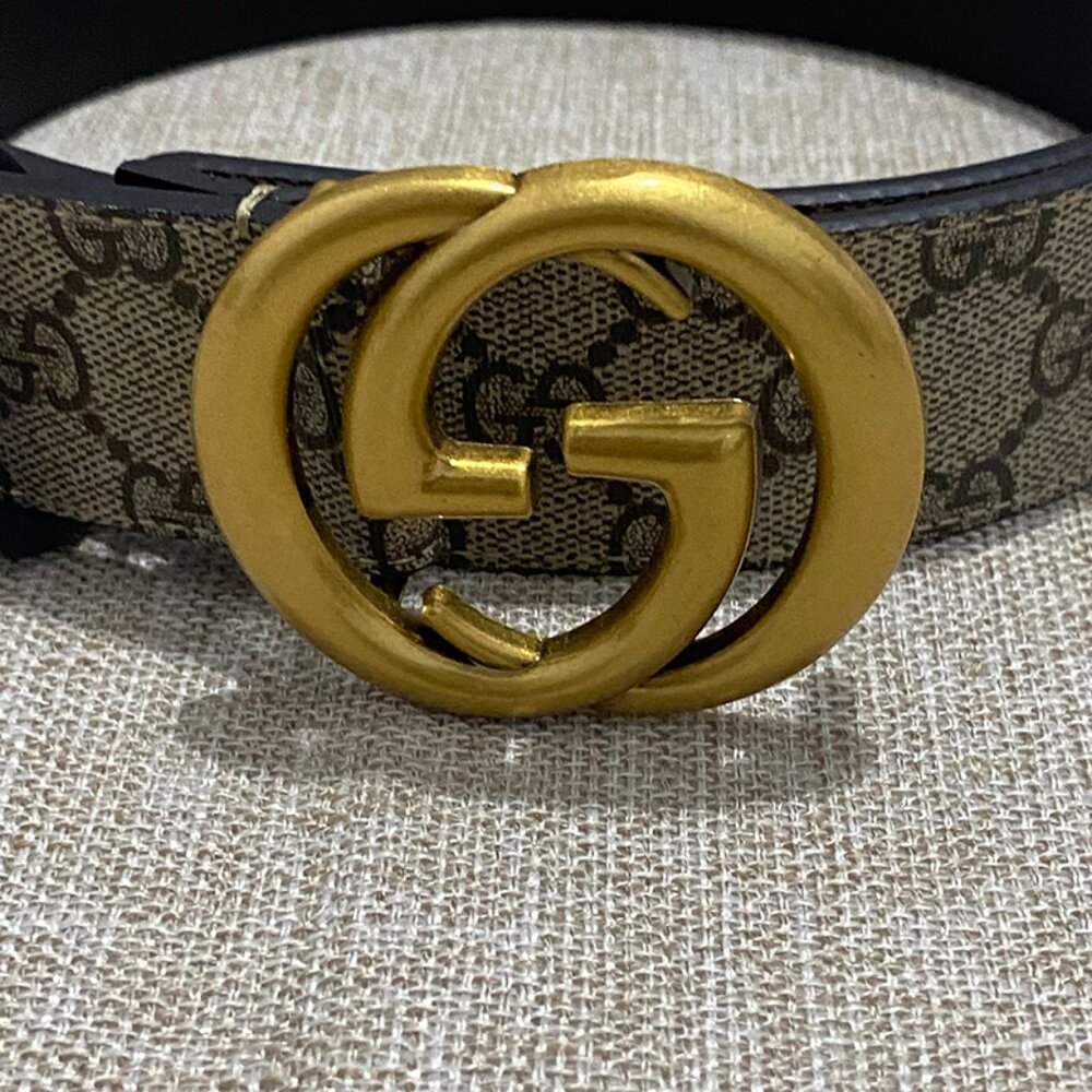 Gucci Classic Beige And Brown Gg Monogram Canvas Belt With A Gold Double G Metal - Picture 4 of 8